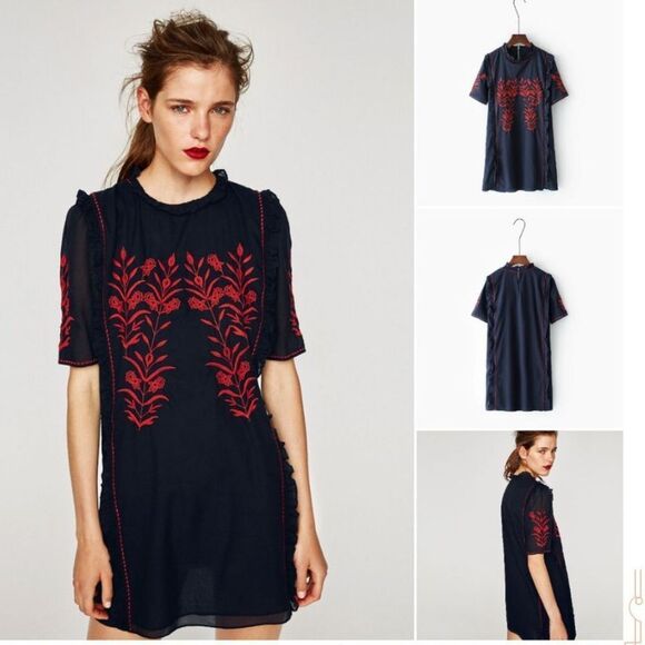 Zara mini Black and Red Embroidered Dress - Picture 1 of 9
